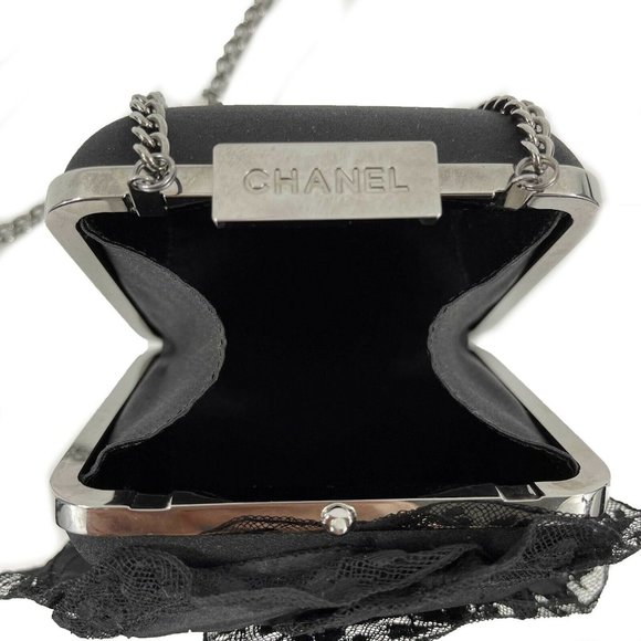 CHANEL- Small Camellia Box Frame Crossbody - Satin / Lace / Gun-metal Tone - Picture 7 of 12